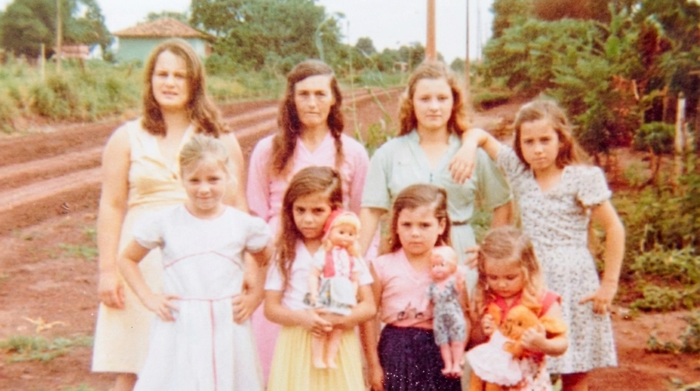 Fotografía familiar antigua de la infancia de Carmem en un entorno rural — el recuerdo de su madre, que cuidaba el cuerpo yendo a la raíz
