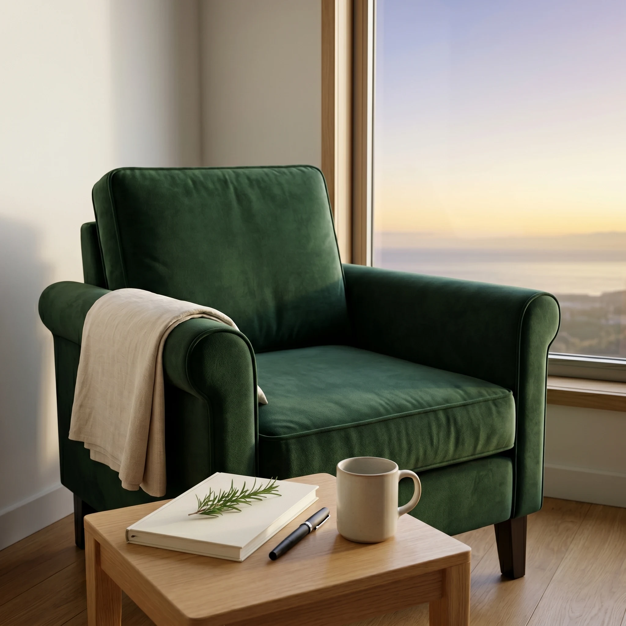Sillón de terciopelo verde botella vacío junto a una ventana al amanecer mediterráneo, con mesa auxiliar de madera con cuaderno cerrado, romero fresco, pluma capada y taza de cerámica