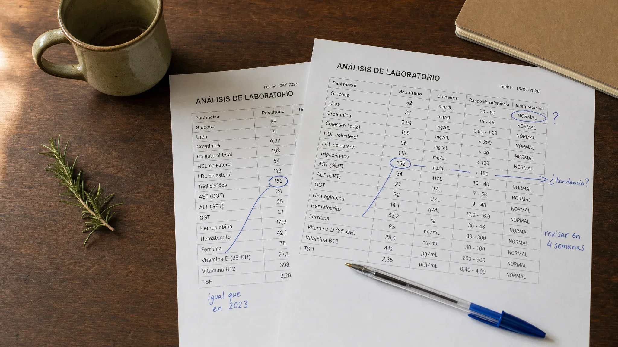 Dos informes de análisis de sangre de años distintos sobre la mesa de la consulta, anotados a mano en boli azul: valores rodeados, una flecha al margen y una línea que une el mismo resultado de 2023 con el de hoy
