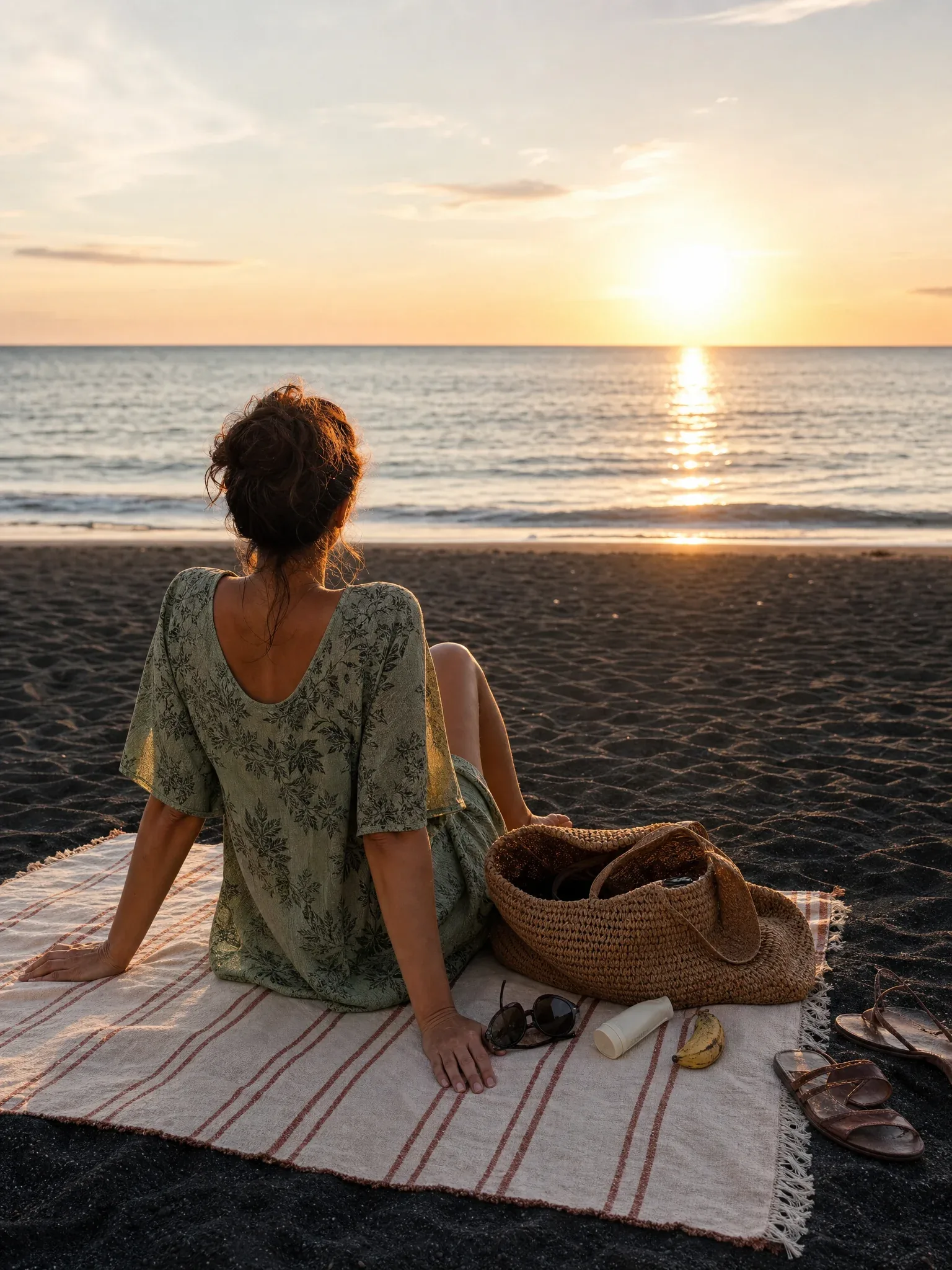 Una mujer sentada de espaldas sobre su toalla en una playa de arena negra, mirando el atardecer sobre el mar, con su capazo, sus gafas de sol y sus sandalias al lado
