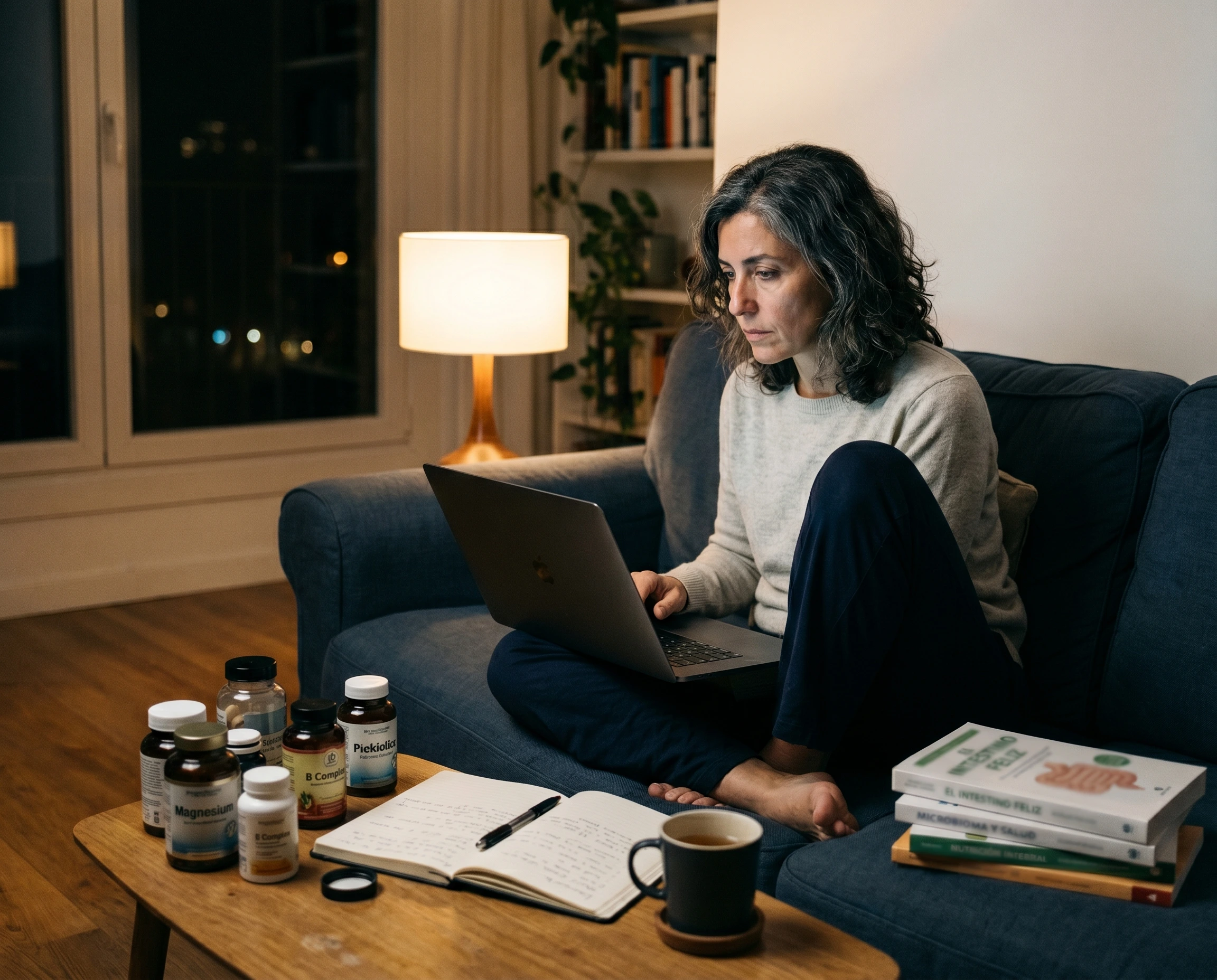 Elena en su sofá de noche con portátil abierto en foro de salud, libros sobre microbiota, varias bottles de supplements y taza de té fría — la chronic searcher reconocida en su soledad nocturna