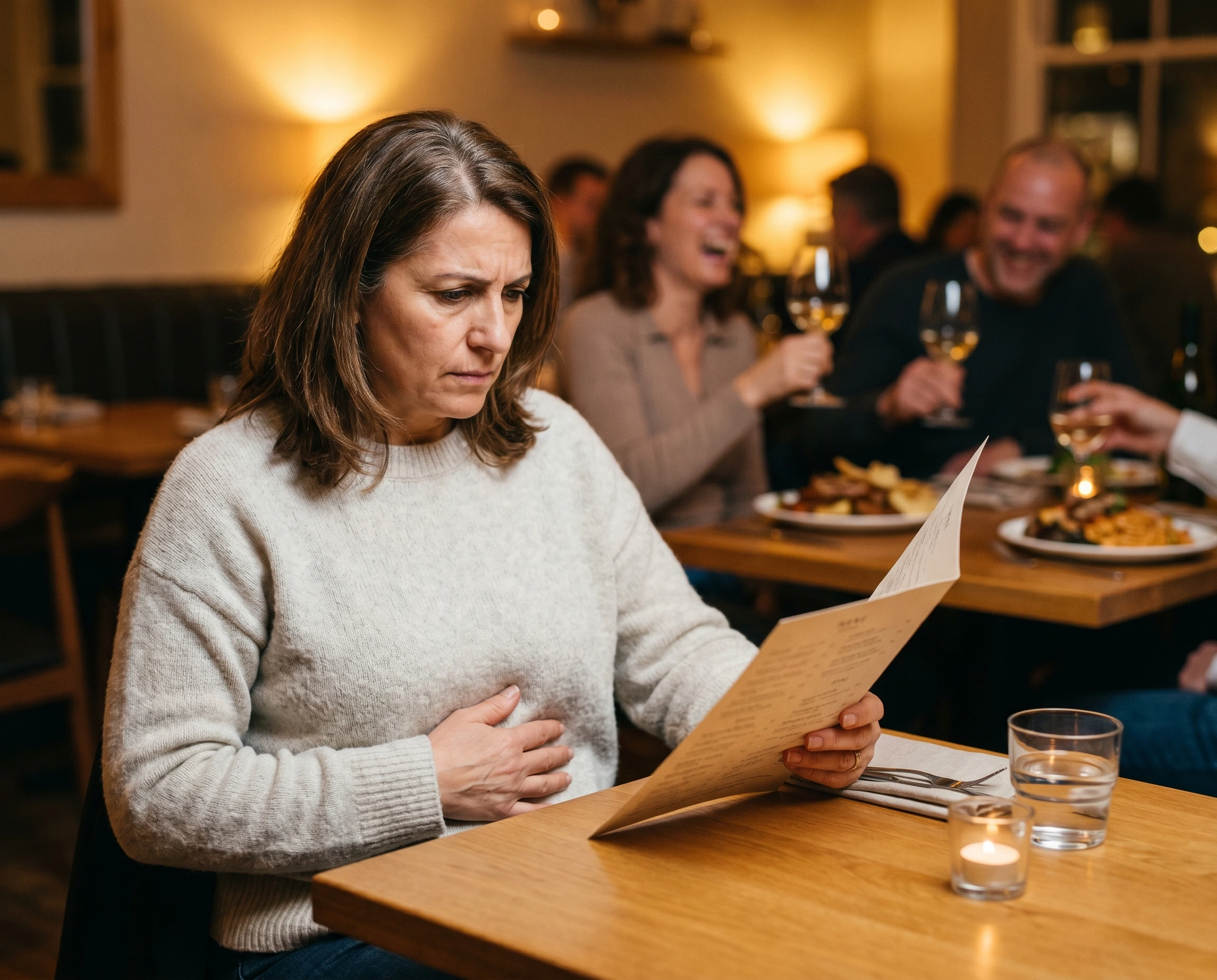 Elena en restaurante mediterráneo sosteniendo el menú con expresión de cálculo mental y mano cerca del estómago, mientras otros comensales al fondo difuminado ríen y disfrutan libremente — la hinchazón decidiendo lo que come en cada cena
