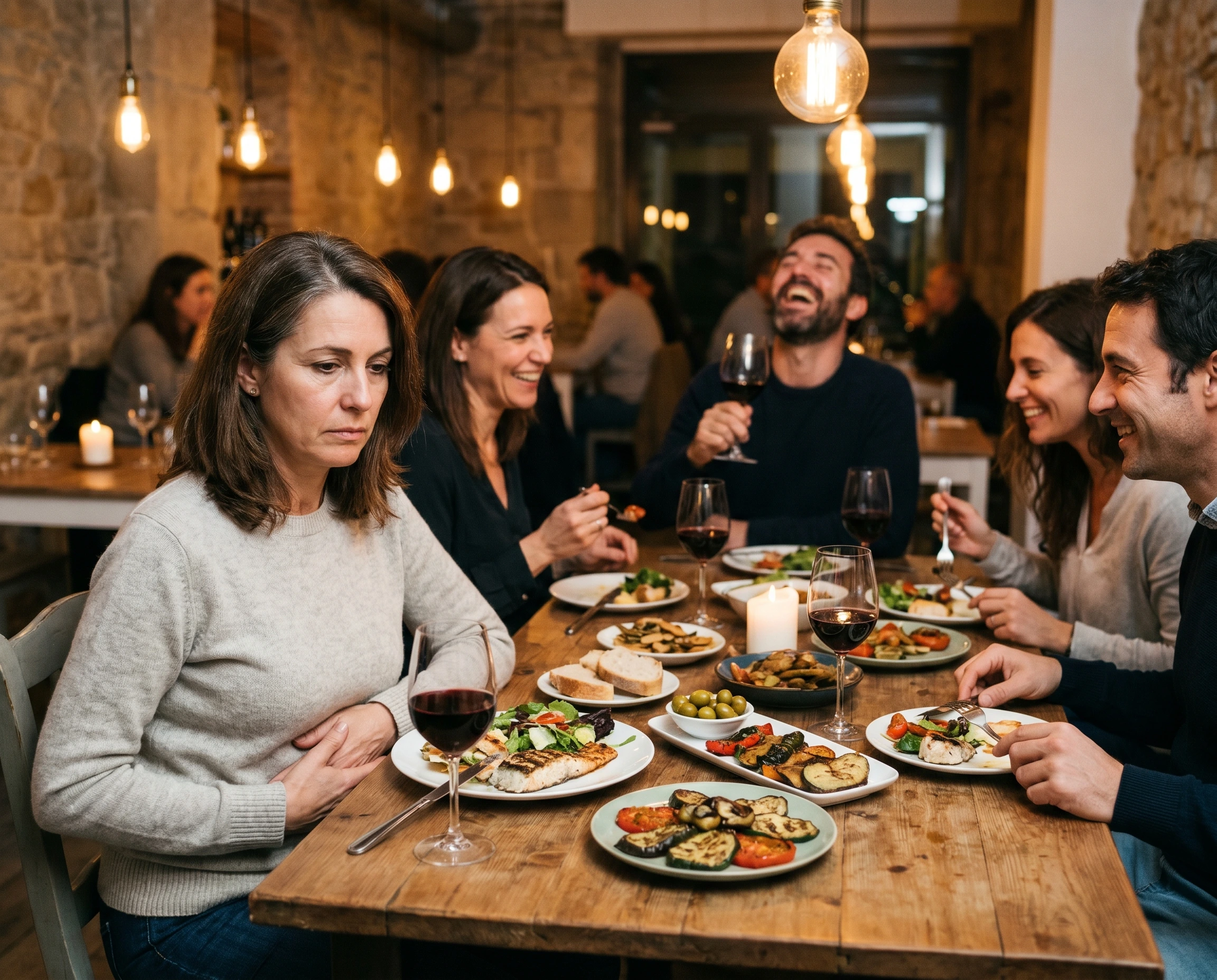 Mesa de cena con cinco amigos en restaurante mediterráneo cálido — Elena en primer plano con expresión seria y mano cerca del estómago, plato a medias, mientras los otros amigos ríen y alzan copas disfrutando — el anti-mirror exacto de la cena celebratoria del timeline, la persona del estómago en plena mesa