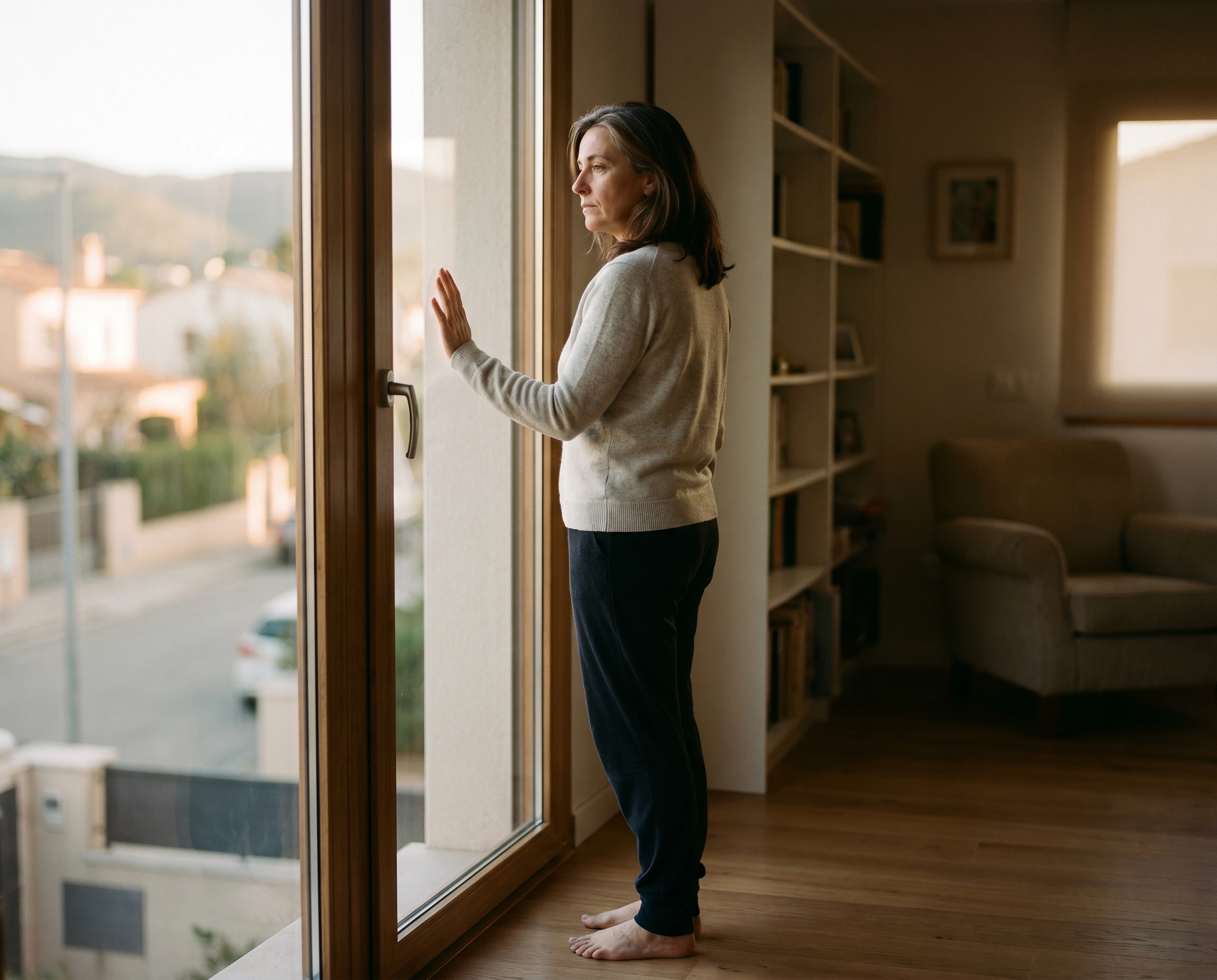 Elena de pie junto a una ventana grande con luz cálida de tarde entrando lateralmente, vista de tres cuartos lateral con la mano sobre el cristal y mirada pensativa hacia el exterior — la versión de ti que aún no se permite elegir libremente, el peso existencial de seguir igual