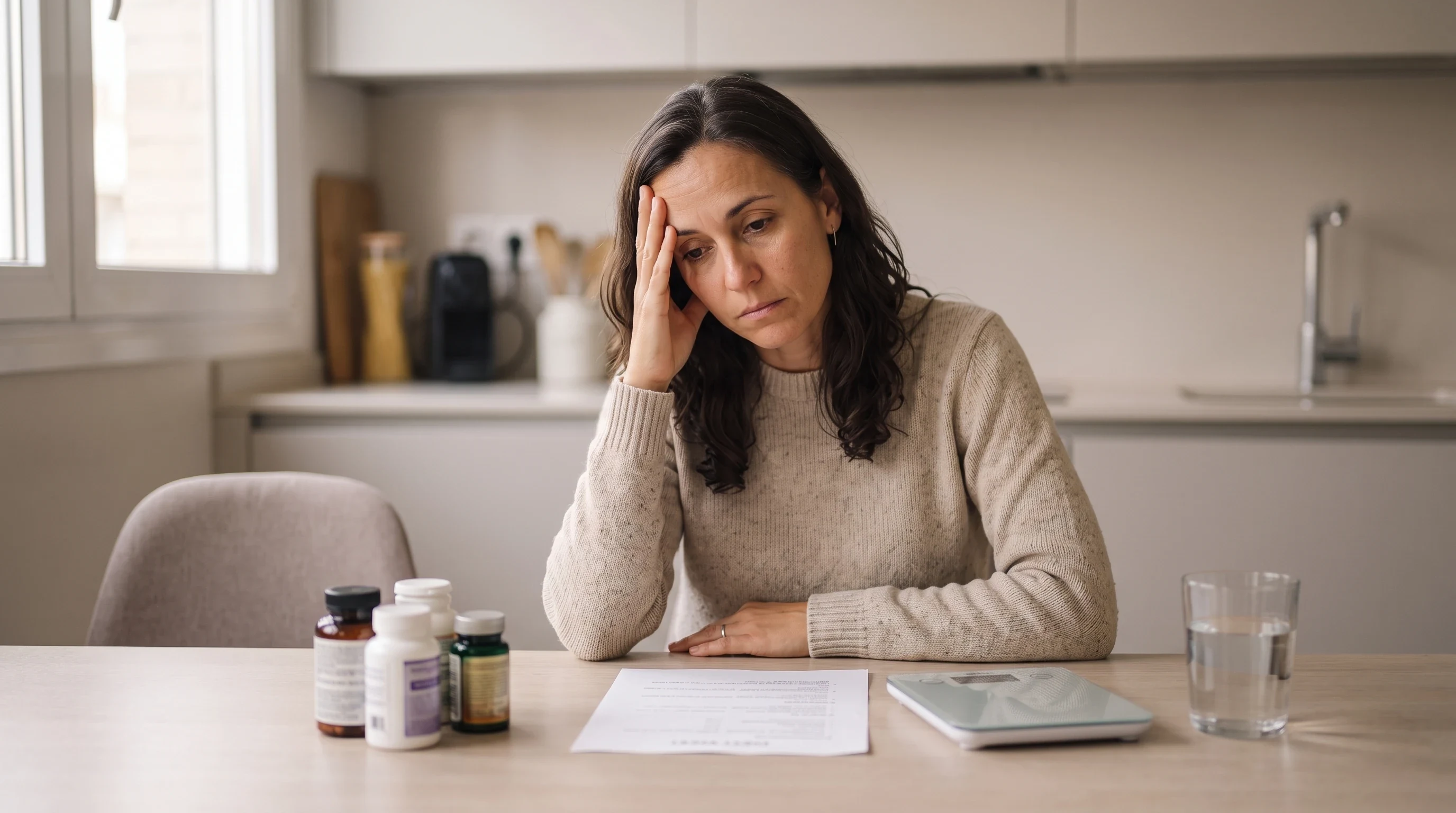 Una mujer de mediana edad, sola y cansada en su cocina, ante otro puñado de suplementos y otra dieta — el camino de seguir igual