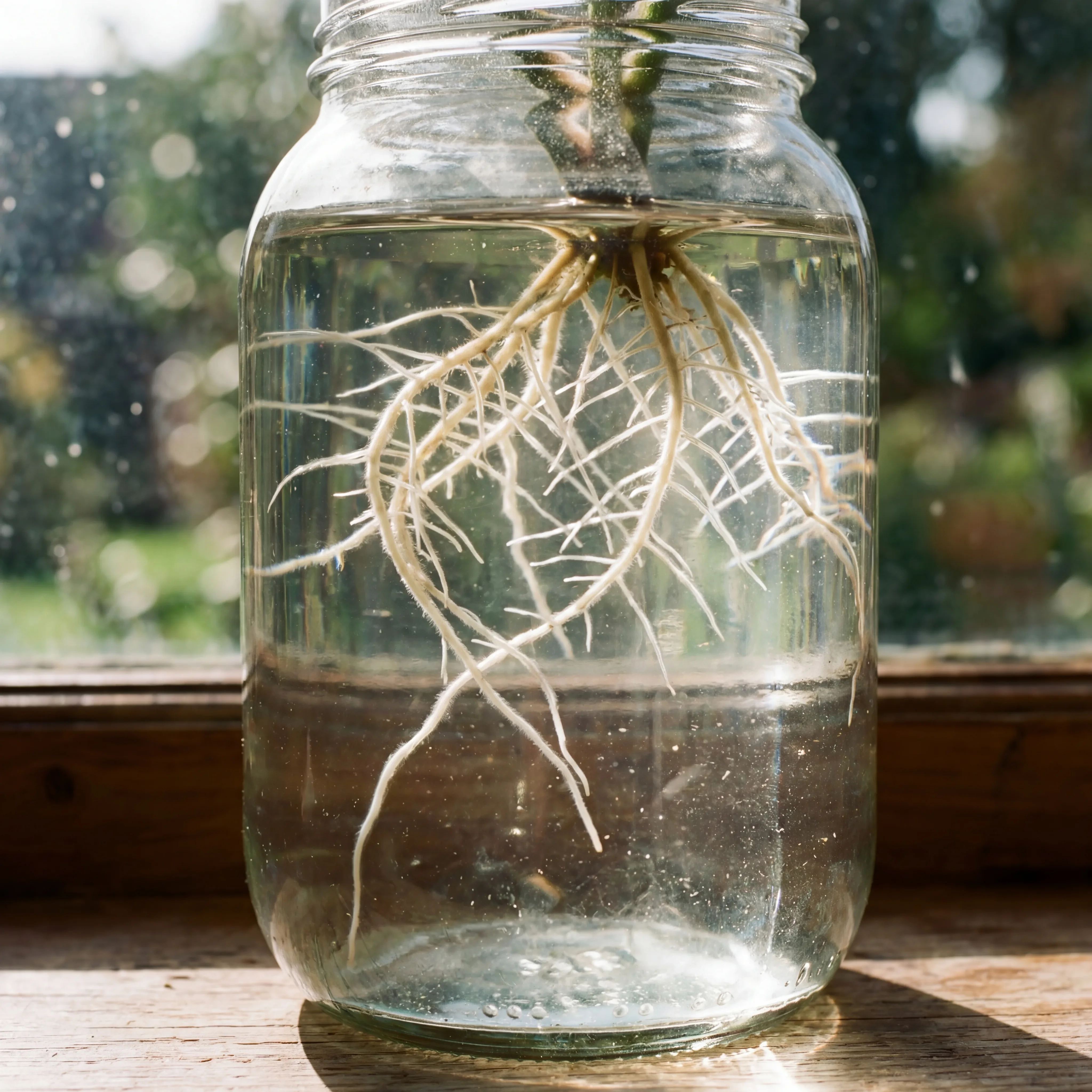 Frasco de cristal transparente sobre alféizar de ventana con raíces blancas finas y ramificadas creciendo en agua — el sistema de raíces ocultas que sostiene lo visible, símbolo de la especialización en microbiota y salud intestinal