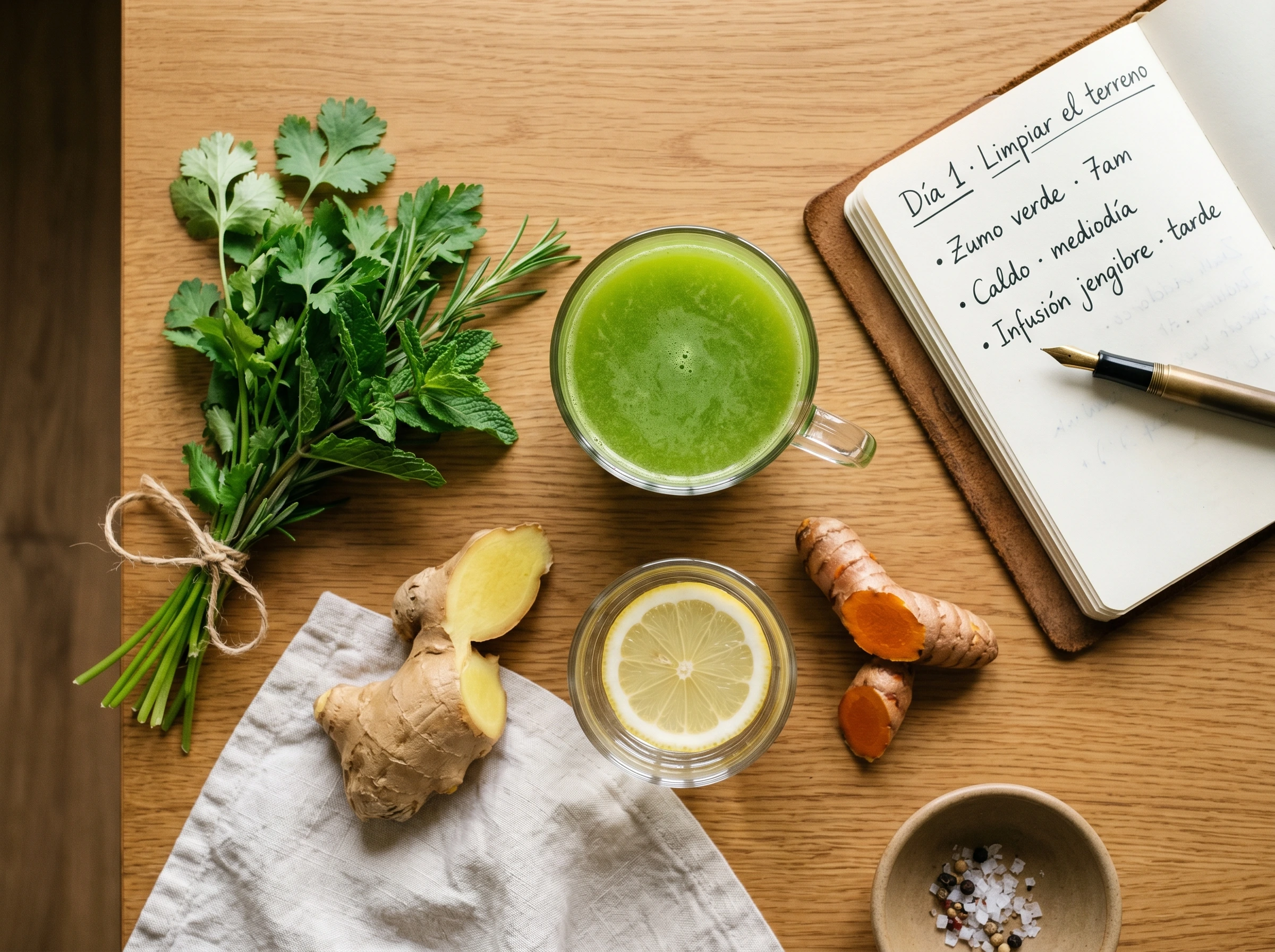 Cenital de mesa Heritage del día 1 del programa de limpieza del terreno — manojo de hierbas frescas (cilantro, perejil, menta), zumo verde fresco, raíz de jengibre y cúrcuma cortadas, agua con limón, libreta abierta con plan nutricional manuscrito en pluma estilográfica