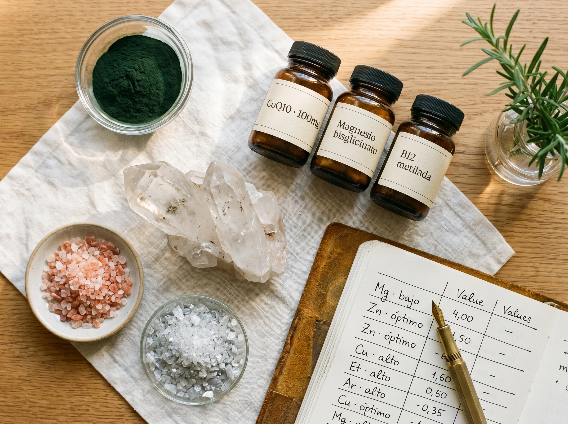 Cenital editorial Heritage de los cofactores mitocondriales tras el mineralograma — cluster de cuarzo natural, frascos ámbar etiquetados CoQ10 100mg / Magnesio bisglicinato / B12 metilada, sal del Himalaya rosa, escamas de magnesio, polvo de espirulina, romero fresco y cuaderno con tabla de mineralograma manuscrita