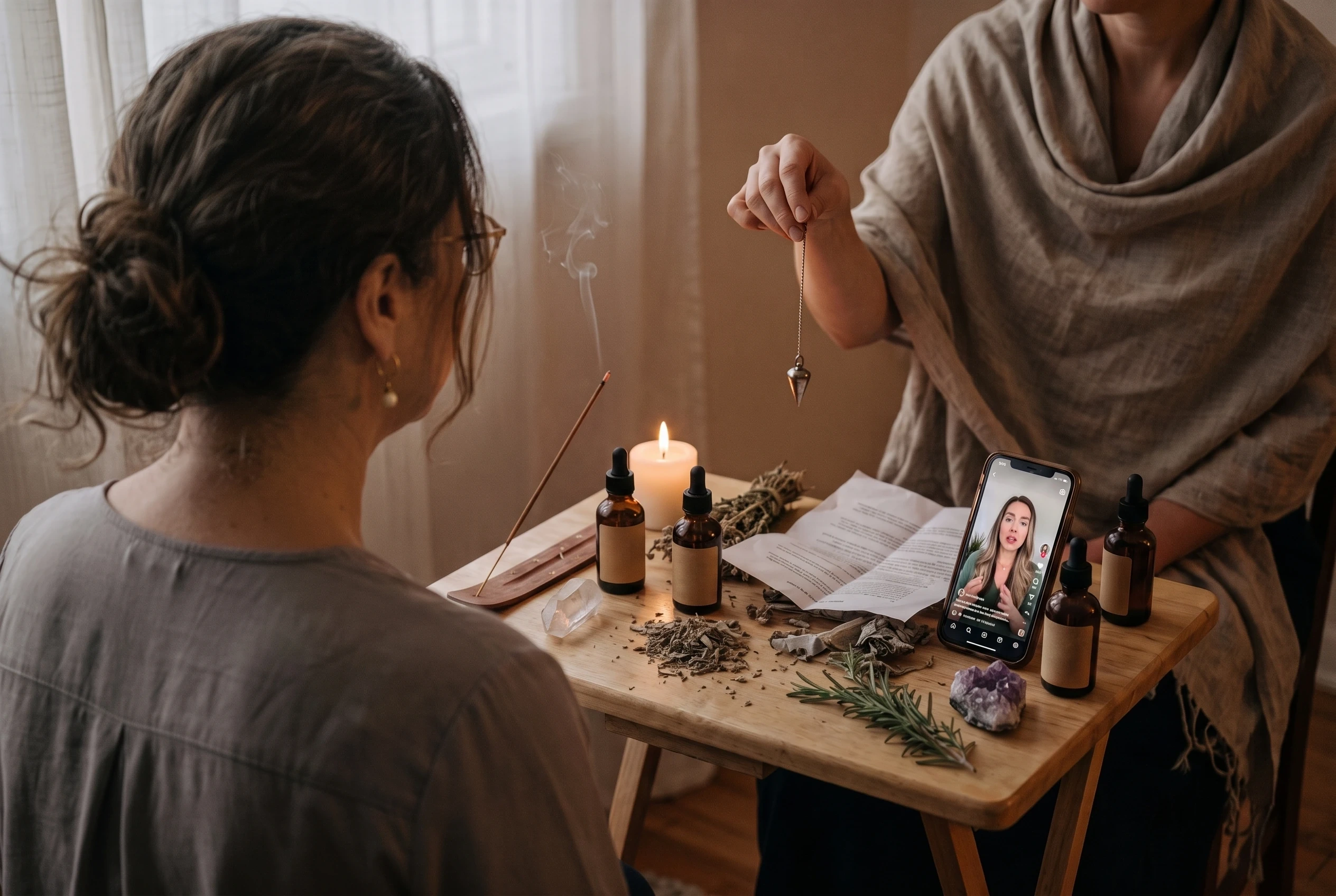 Carmem, de espaldas, ante el terapeuta alternativo: cristales, un péndulo, incienso, tinturas con etiquetas en blanco y un móvil con un vídeo de bienestar — remedios sin diagnóstico, el médico otra vez pero disfrazado de natural