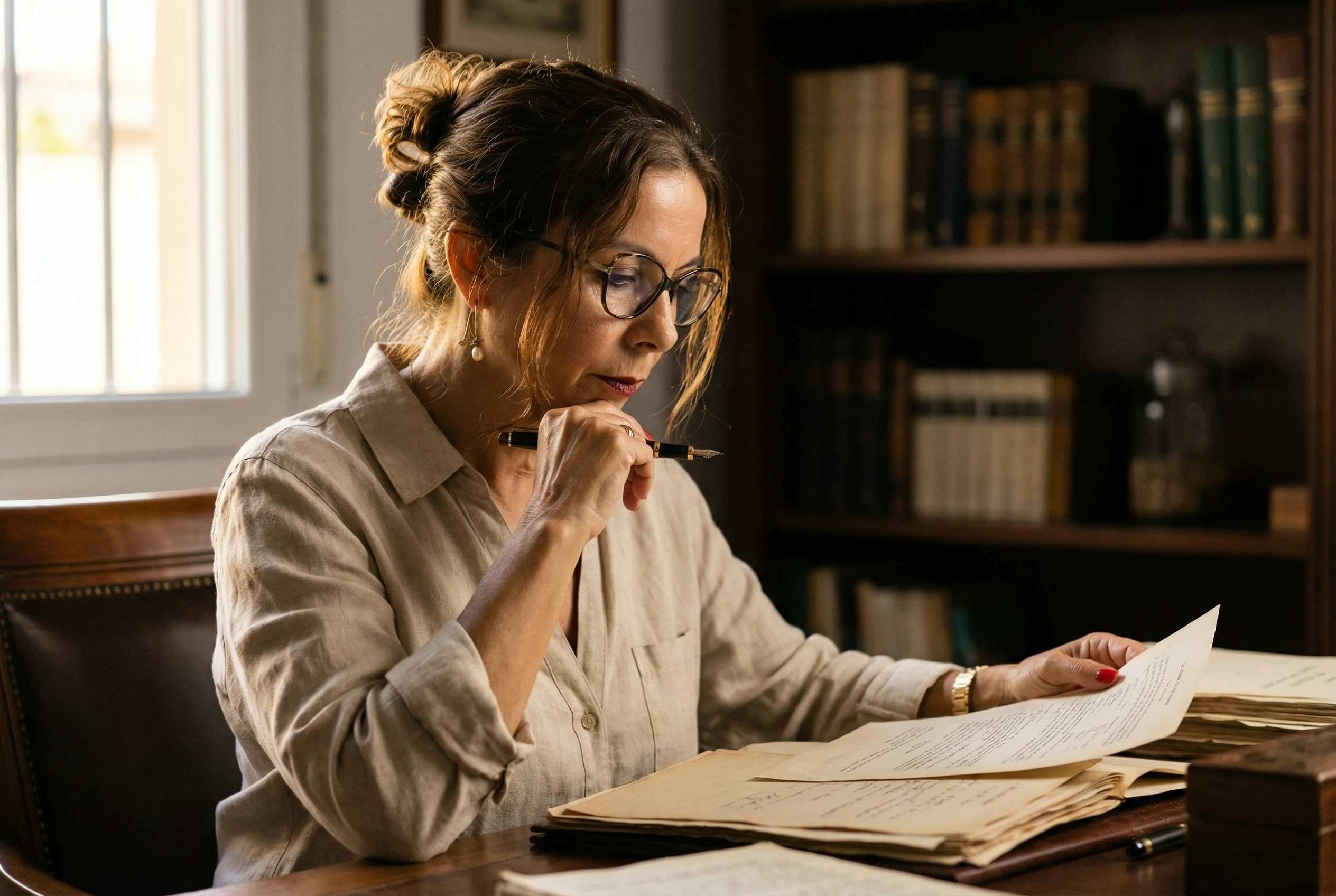 Carmem Carvalho concentrada sobre documentos antiguos en una biblioteca clásica con gafas en mano — estudio personal con la urgencia de quien necesita salvarse a sí mismo, antes de cualquier formación reglada