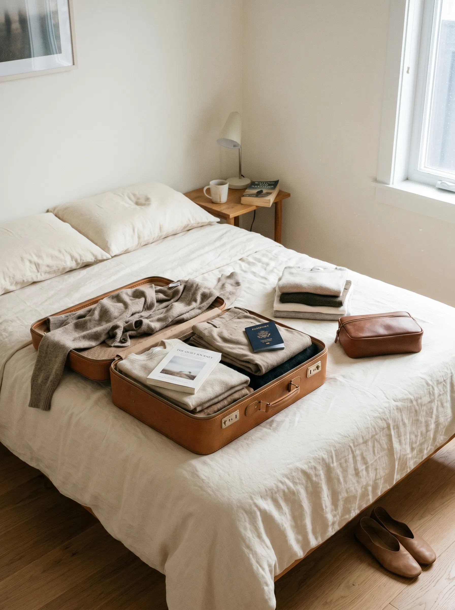Maleta de cuero abierta a medias sobre una cama de lino arrugado, con ropa parcialmente doblada, pasaporte y libro al lado, en un dormitorio luminoso con luz natural neutra