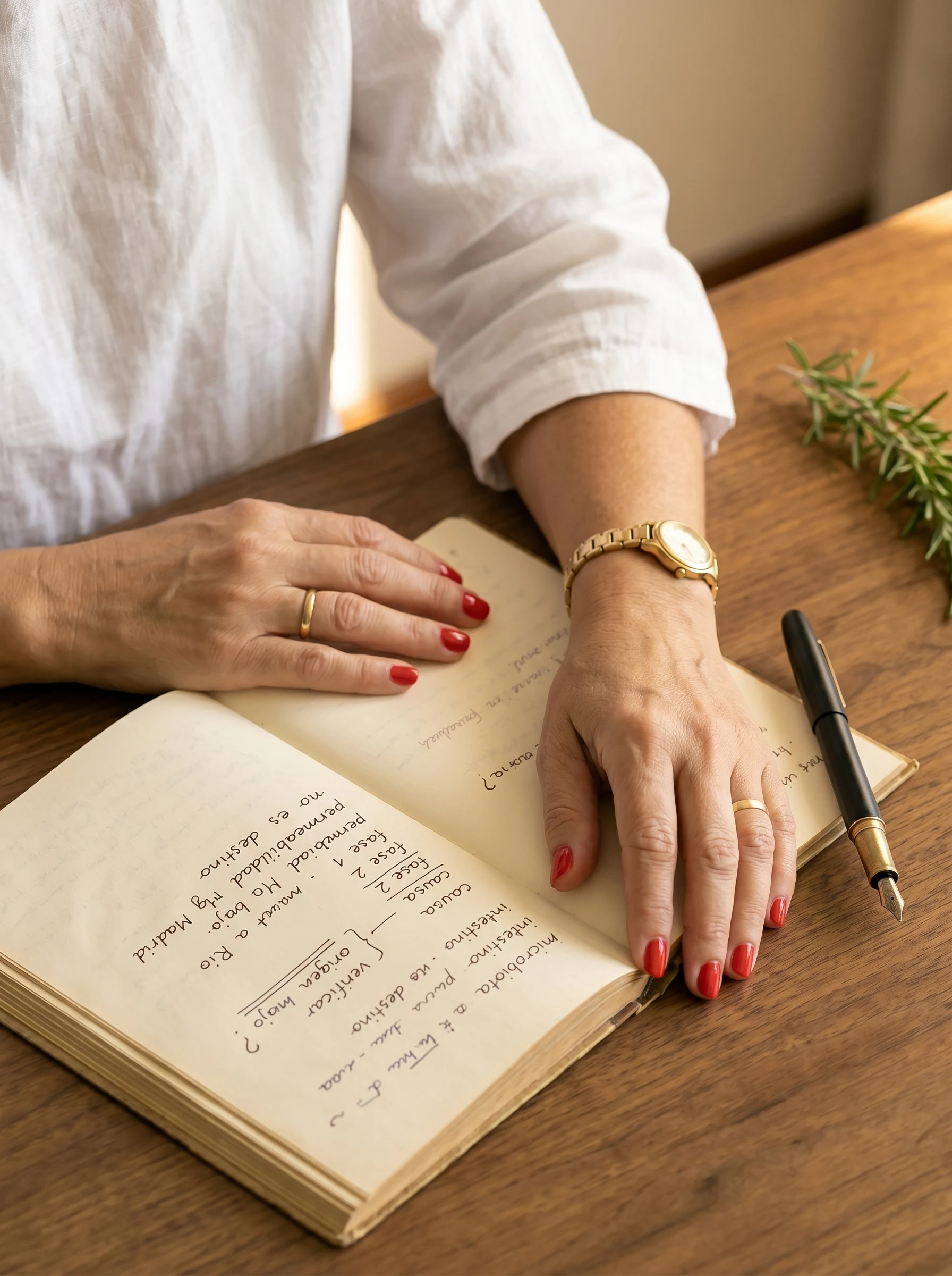 Manos de Carmem en pausa sobre una libreta abierta con anotaciones manuscritas en castellano, una pluma estilográfica y un sprig de romero sobre escritorio de nogal