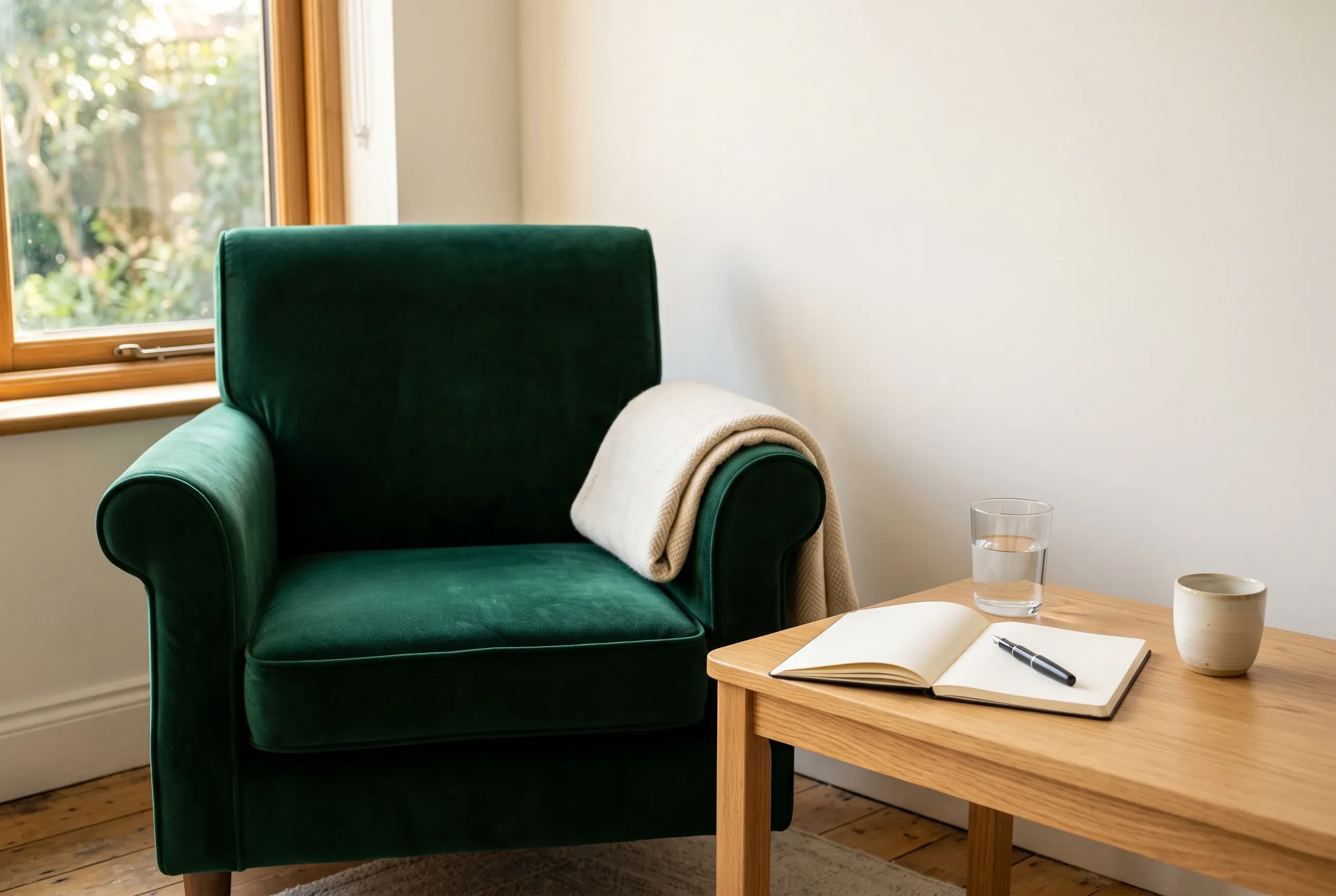 Sillón de terciopelo verde vacío junto a una mesa con un vaso de agua, un cuaderno abierto y una pluma — la consulta preparada y esperando