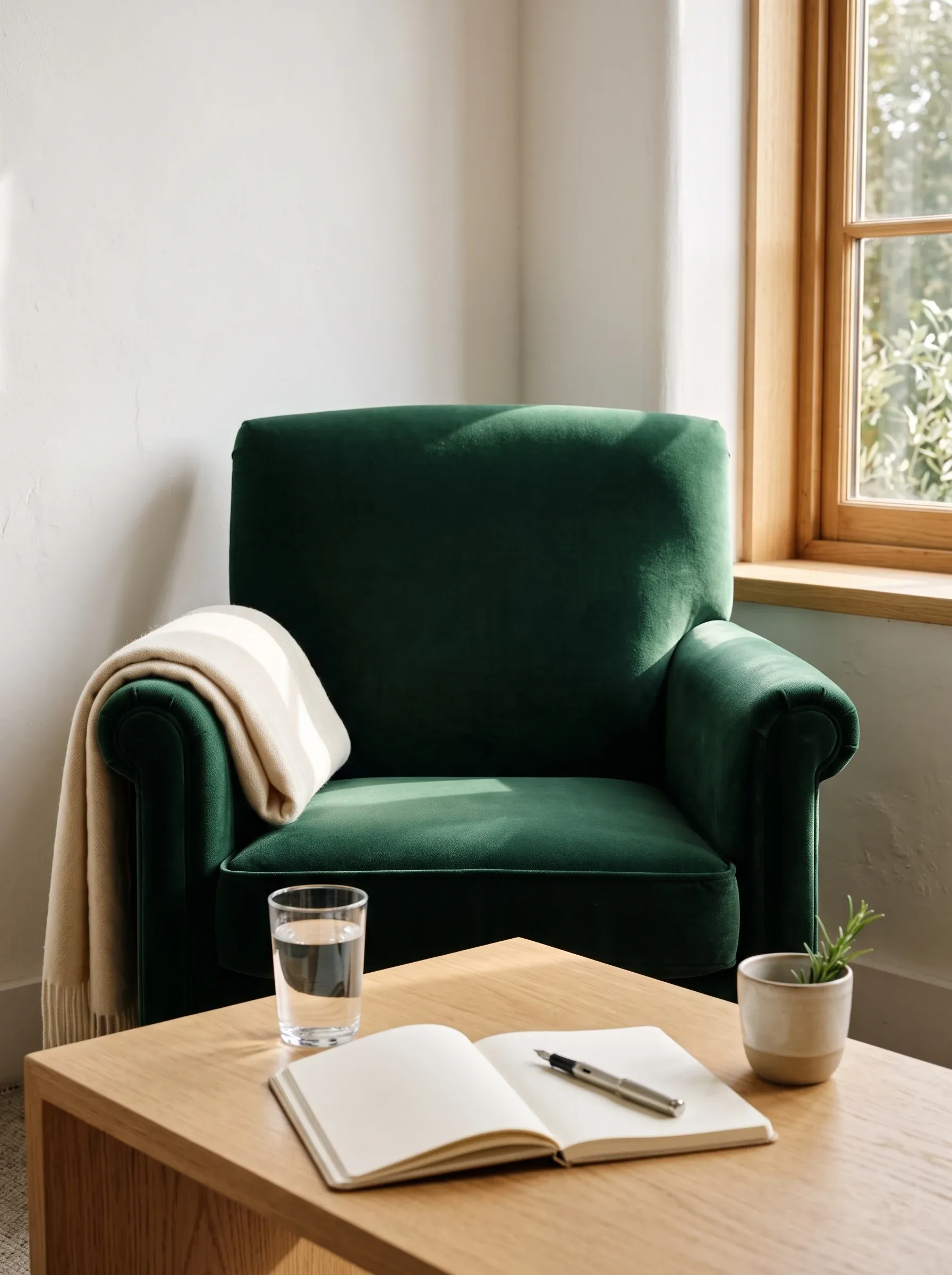 Sillón de terciopelo verde vacío junto a una mesa con un vaso de agua, un cuaderno abierto y una pluma — la consulta preparada y esperando