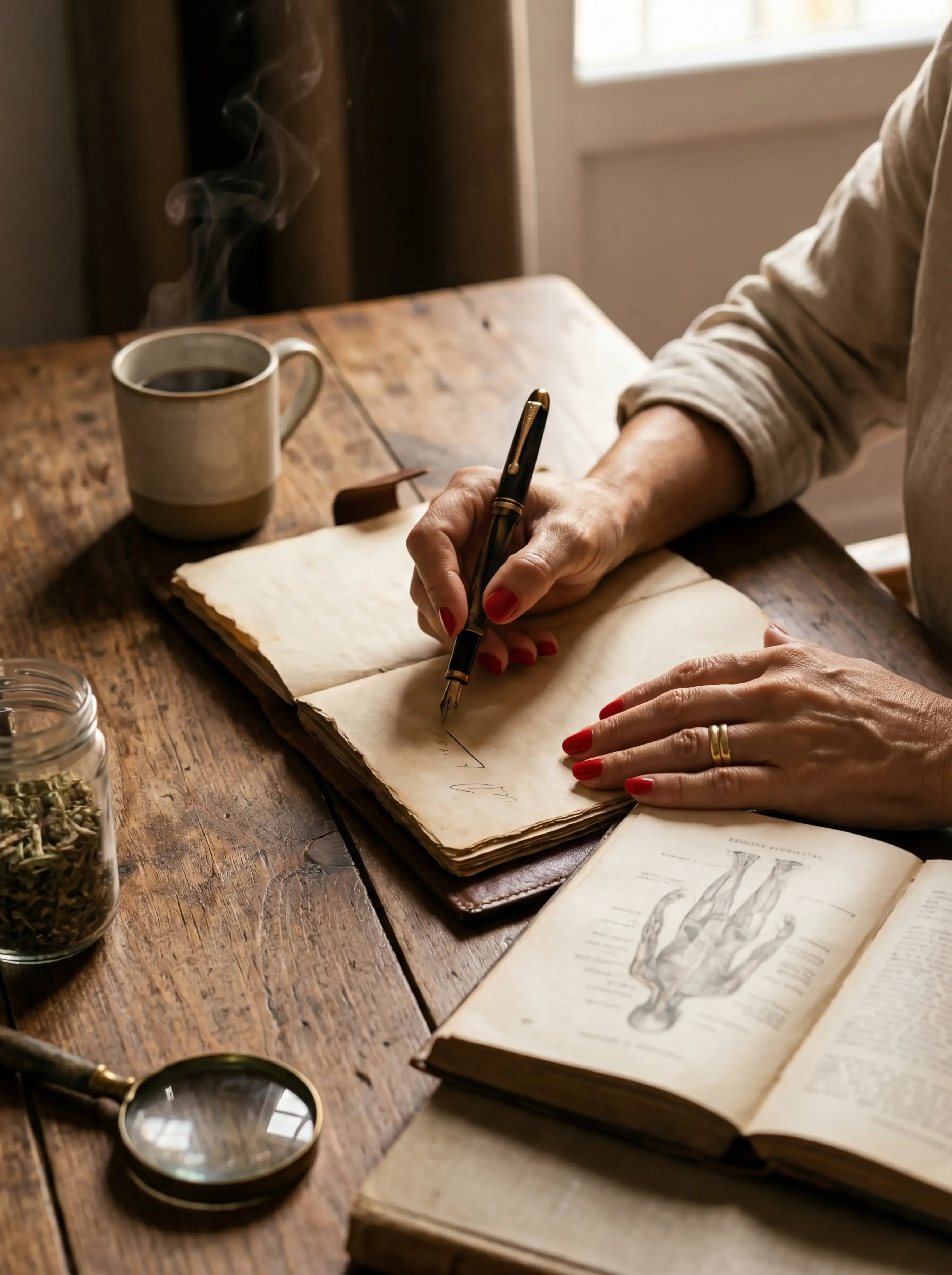 Manos de Carmem Carvalho escribiendo con pluma estilográfica sobre cuaderno antiguo, junto a libro con ilustración anatómica y tarro de hierbas
