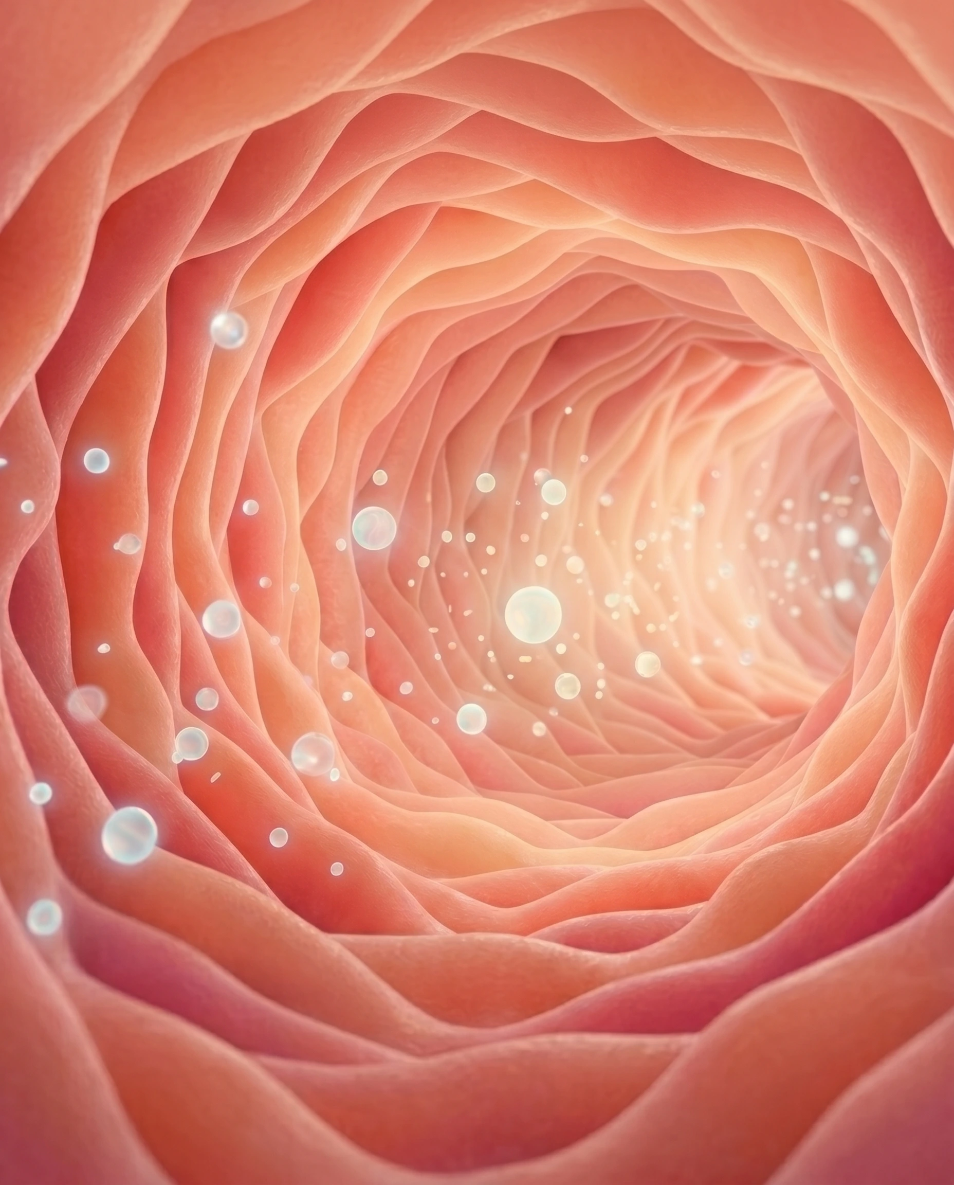 Render 3D editorial del interior del intestino en perspectiva profunda con microvellosidades en las paredes y partículas blanco-doradas flotando, luz dorada al fondo del túnel — visualización del ecosistema intestinal habitado, no un tubo de digestión