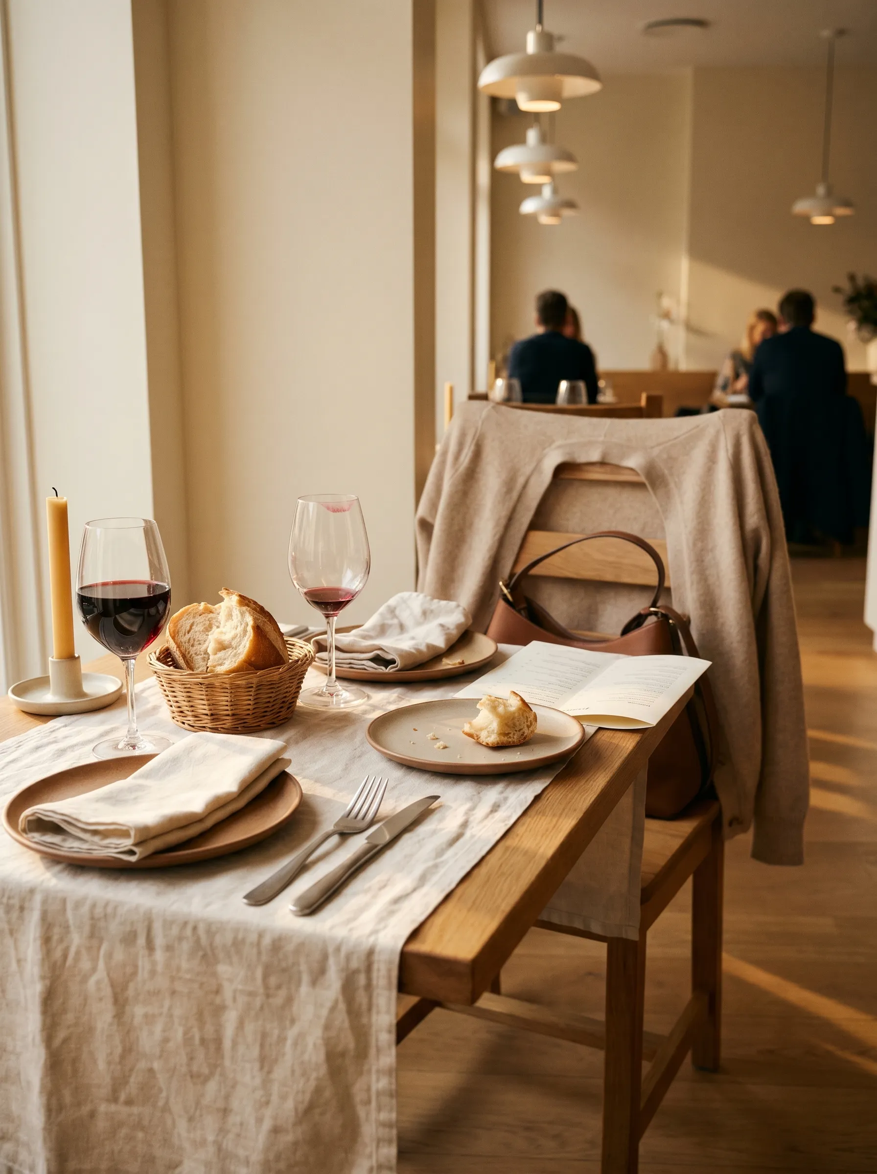 Mesa de restaurante moderno preparada para dos, con un lado mostrando el rastro de alguien que estuvo (copa a medias, pan tocado, cárdigan en el respaldo) y el otro lado completamente intacto