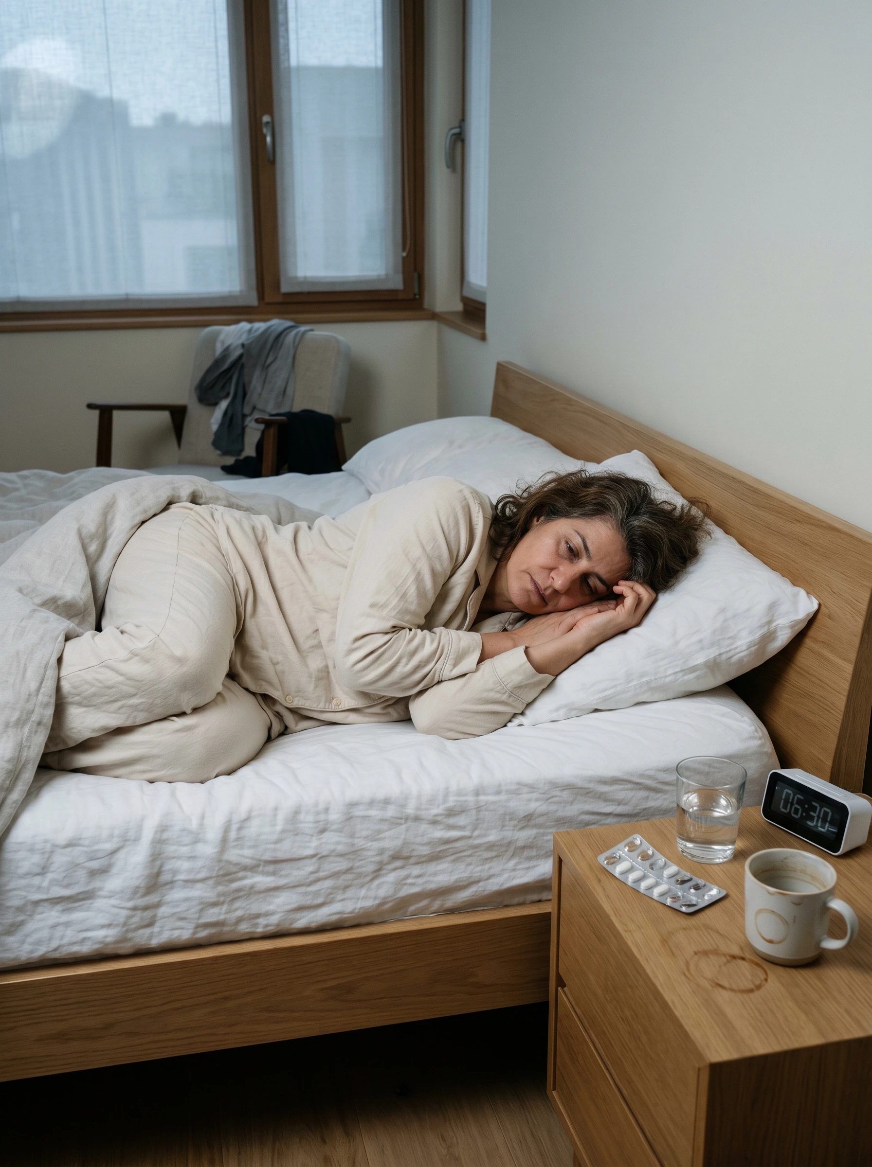 Elena en cama bajo edredón cream con postura encogida y expresión cansada al amanecer, mesilla con blister de pills, vaso de agua a medias, despertador marcando 06:30 y taza de café con anillos secos, persianas a medio bajar dejando entrar luz fría grisácea — el año que ya conoces, despertar tirando del cuerpo en otro día más