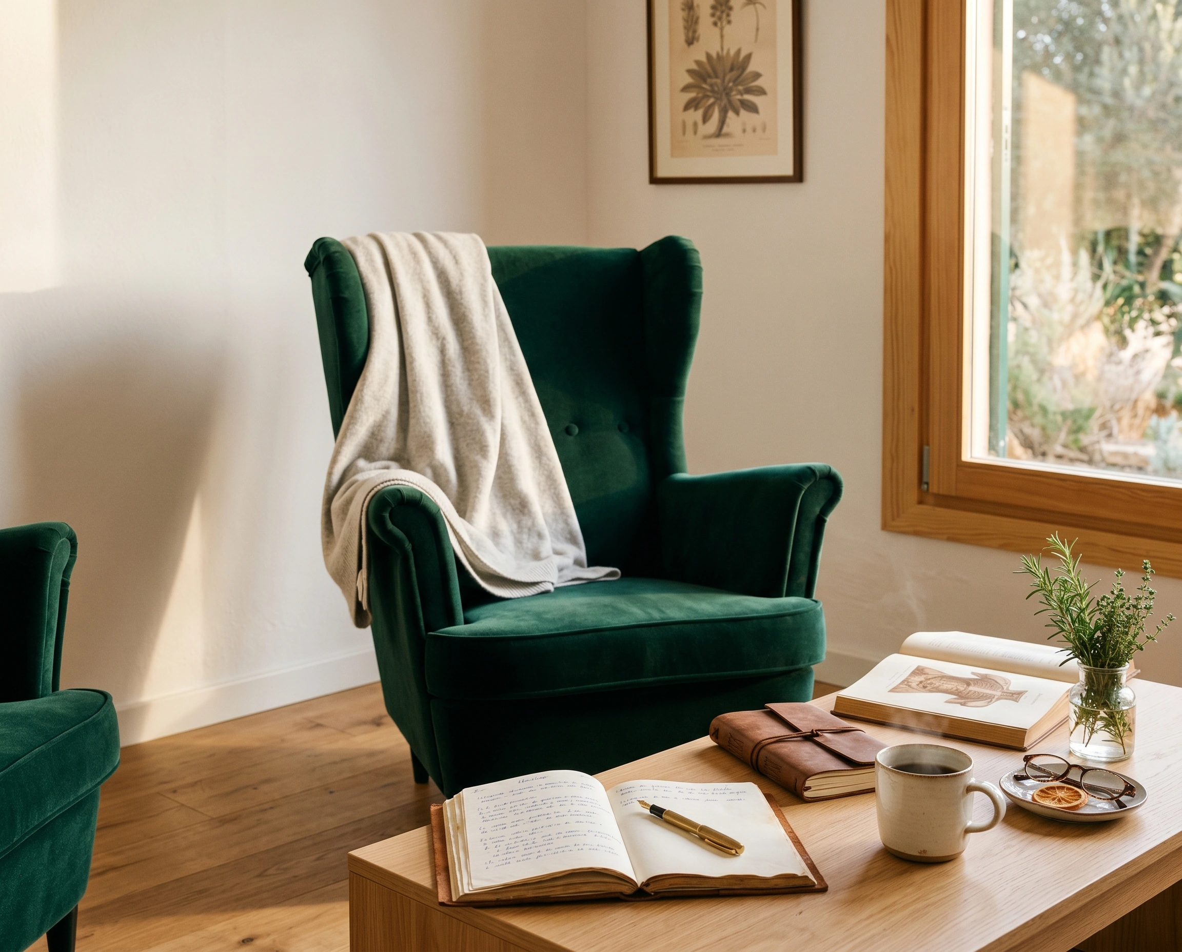 Sillón orejero de terciopelo verde esmeralda vacío con manta de lana cream-grey caída sobre el respaldo, en consulta de paredes blancas con ilustración botánica enmarcada y ventana al jardín mediterráneo — la silla del avatar esperando, el siguiente capítulo aún por escribirse, con bodegón Heritage en mesa baja