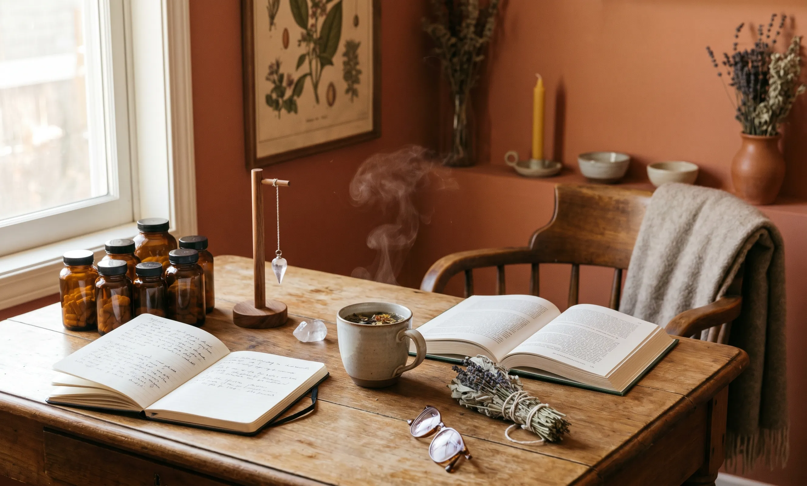 Mesa de madera de consulta de terapias alternativas con frascos ámbar de suplementos, libreta manuscrita, infusión humeante y péndulo de cristal, bajo luz natural cálida con paredes terracota